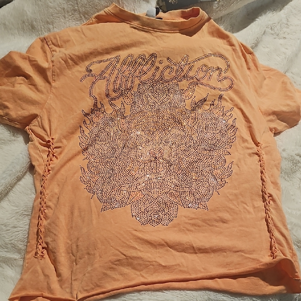 Affliction Women's Peach Orange Rhinestone Graphic Short Sleeve Tee